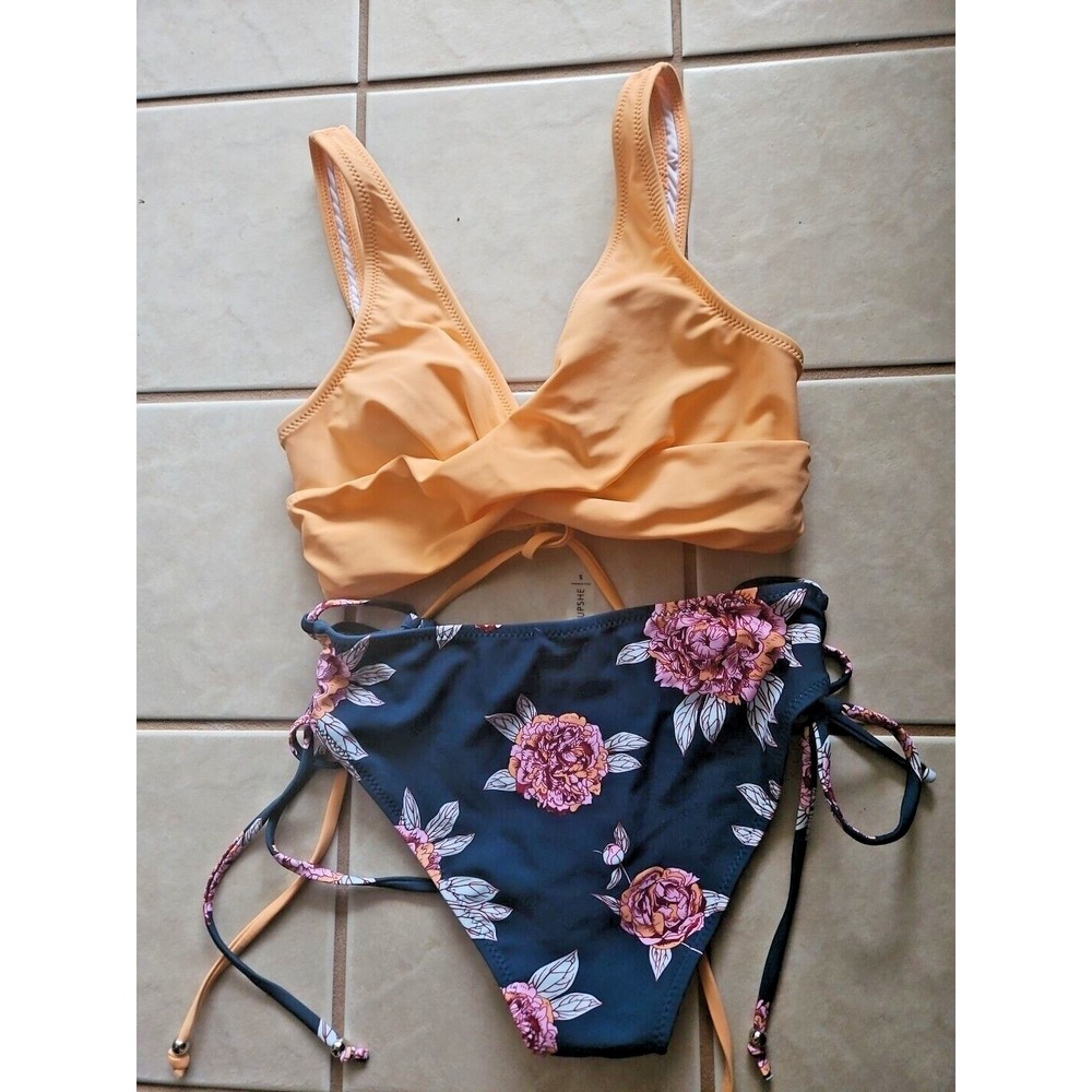 NWT Cupshe 2pcs bikini yellow top +bottom floral ties Sz Small